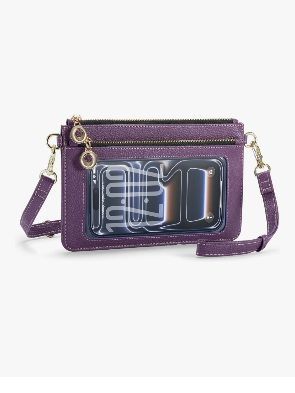 Compact Purple Crossbody Wallet with Clear Touchscreen Window